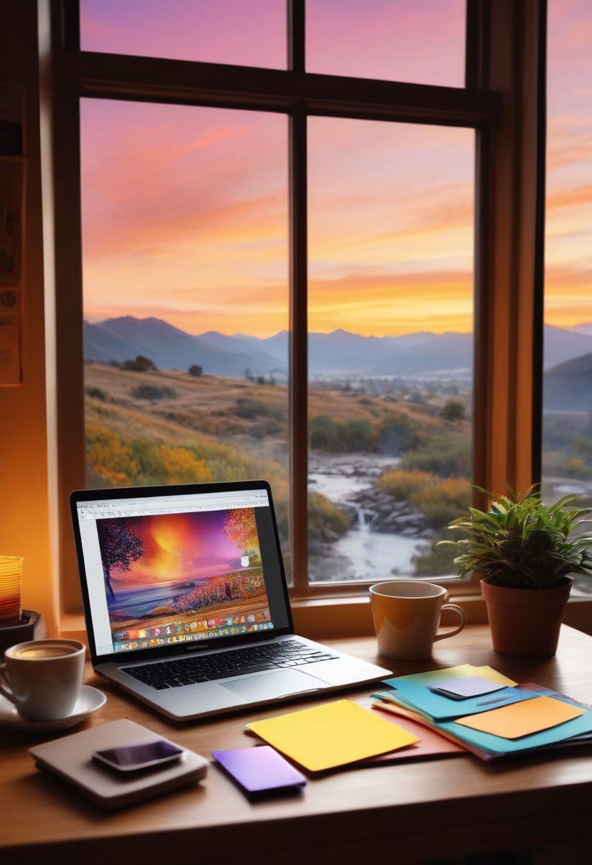 A serene workspace featuring a well-organized desk with a laptop, filled notebooks, and colorful sticky notes, framed by a large window showing a vibrant digital landscape. A cup of coffee steaming beside the laptop symbolizes creativity and inspiration. In the background, diverse digital content icons float, representing various blogging elements like articles, videos, and social media. warm tones and uplifting ambiance. super-realistic. vibrant colors.