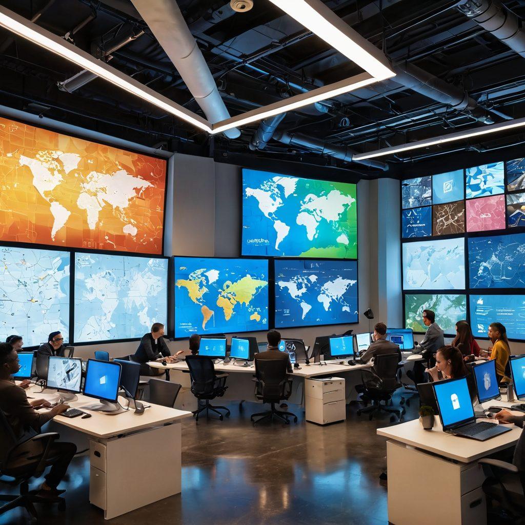 A dynamic workspace filled with a diverse group of content creators brainstorming ideas, surrounded by digital screens displaying analytics and creative designs. The scene has a vibrant energy, highlighting a mix of traditional and digital media, with visuals of social media icons and a world map indicating global reach. Soft natural light streaming through large windows enhances the collaborative atmosphere. modern art style. bright colors.