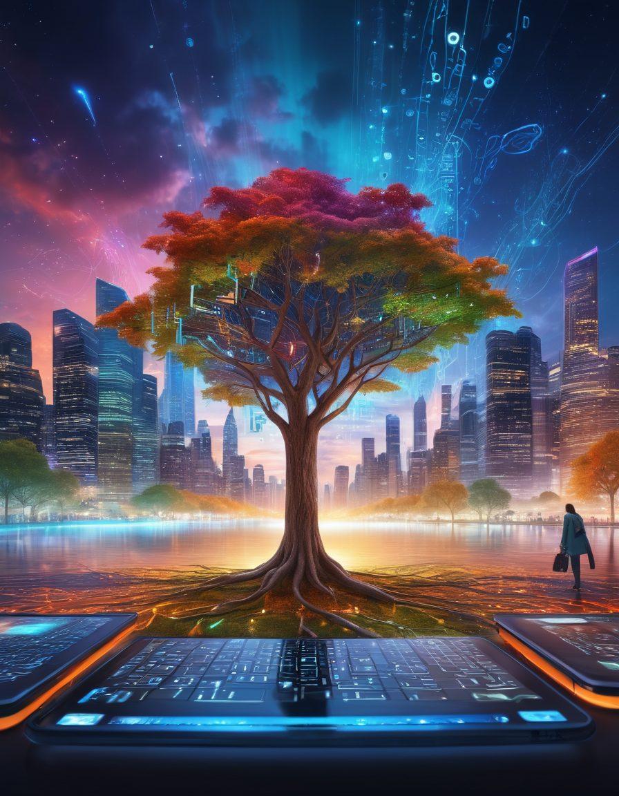A futuristic cityscape depicting various digital tools like laptops, tablets, and smartphones seamlessly integrated into the urban environment. Above the skyline, colorful binary codes flow like streams of light, symbolizing the web. In the foreground, a diverse group of writers collaborates under a glowing digital tree that represents knowledge and creativity. The sky transitions from dawn to dusk, symbolizing the evolution of writing. super-realistic. vibrant colors. 3D.